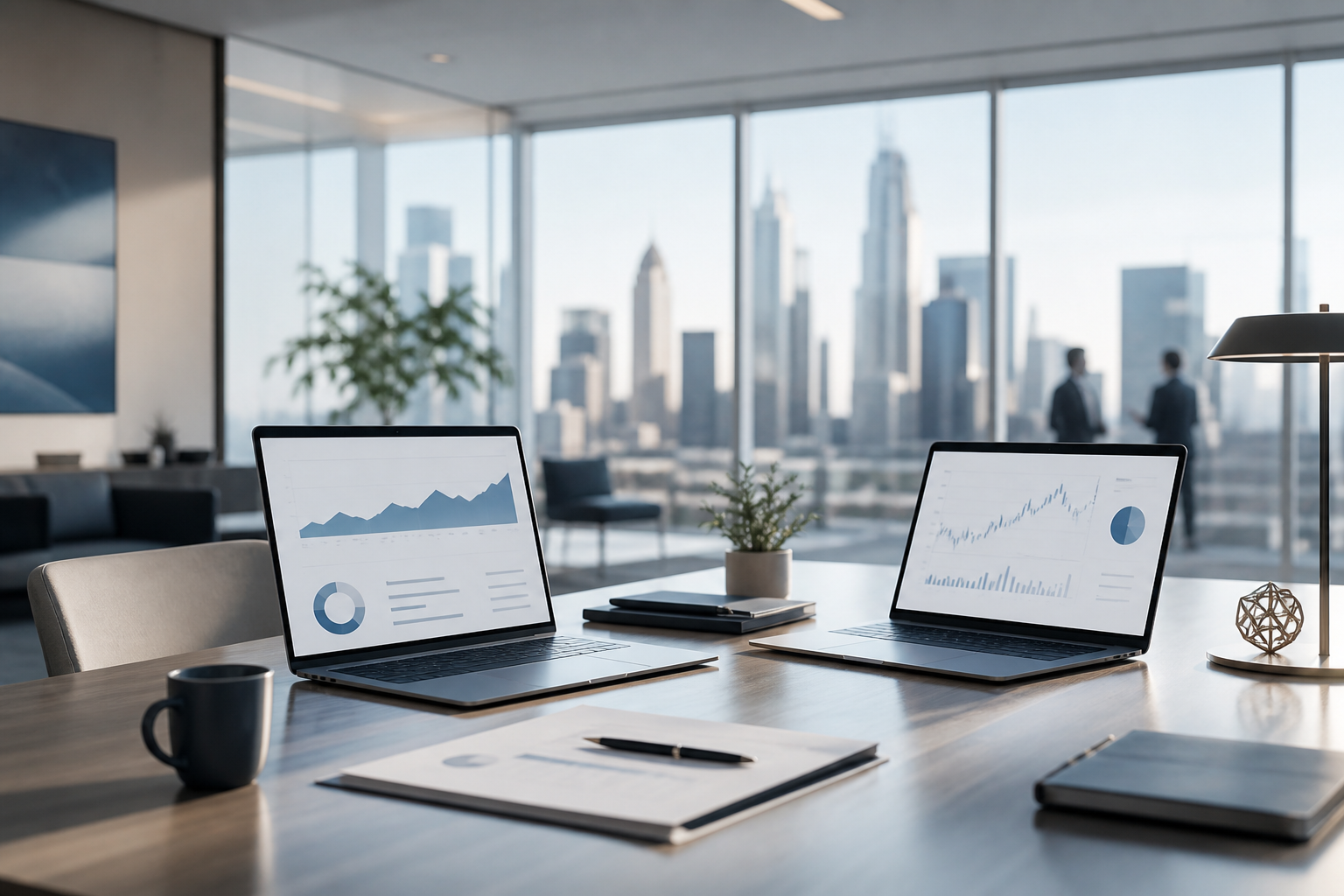 Modernes Beratungsbüro mit Laptops und Blick auf die Skyline