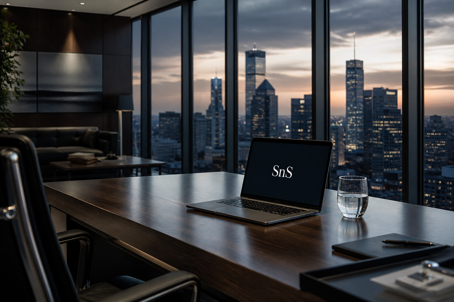 Modernes Büro mit Blick auf die Skyline, Laptop mit SnS-Logo auf dem Schreibtisch